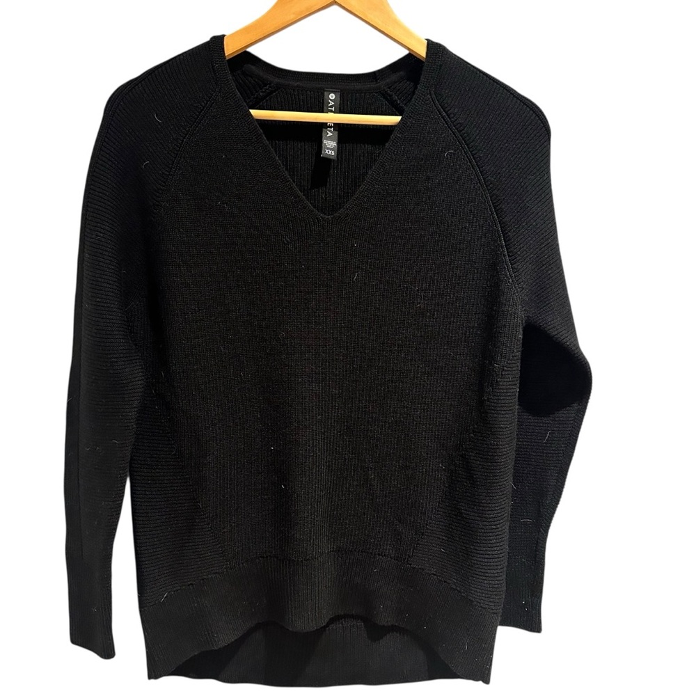 Athleta Hanover Refined V-Neck Sweater‎ Black Merino Wool Blend Size XXS